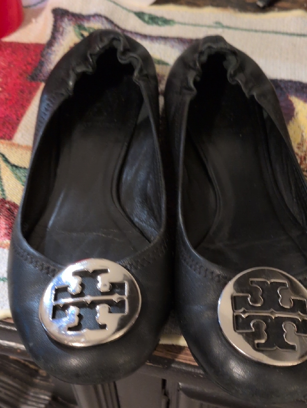 Tory Burch Black Leather Logo Ballet Flats with Silver Emblem